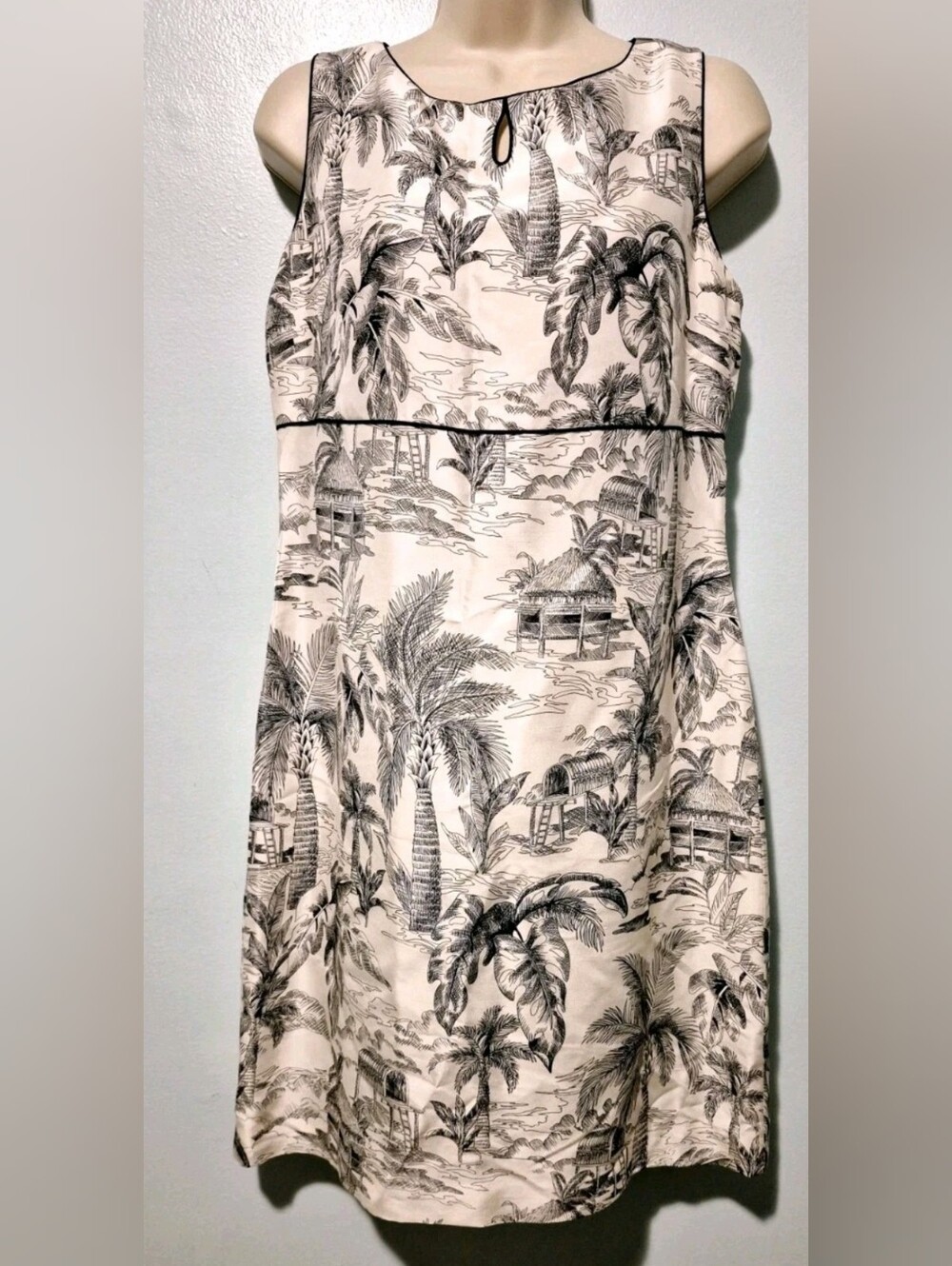 Talbots Black White 100% Silk Sheath Dress Sz 8 Tropical Palm Tree Palm Beach
